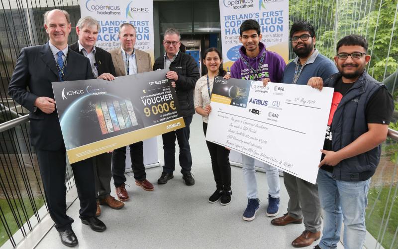 Pictured at the first Irish Copernicus Hackathon competition hosted by ICHEC in NUI Galway are from l-r: Judges, Dr John Eaton, formerly NUI Galway; Vincent Hussey, OPW; Dr Paul Kiernan Skytek and Dr Stuart Green, Teagasc with Hackathon competition winners Nadia Saba, Monish Kadam, Manmaya Panda and Manohar HS. Photo: Aengus McMahon 